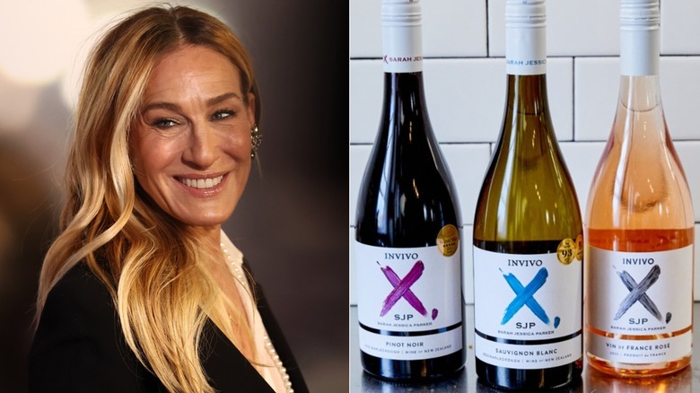 Sarah Jessica Parker smiling at an event, three bottles of Invivo X, SJP lined up against a white tiled background