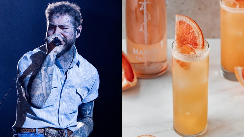 Post Malone performing at Coachella 2025, an orange cocktail in a tall glass next to a bottle of Maison No. 9 Rosé