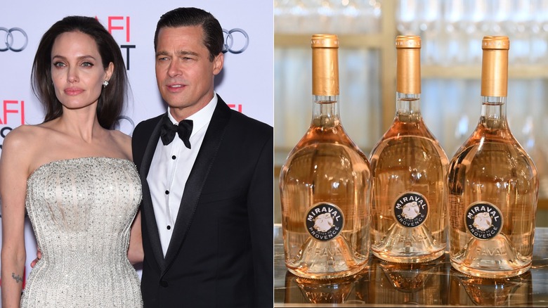 Angelina Jolie and Brad Pitt posing at an event, three bottles of Miraval rosé on display