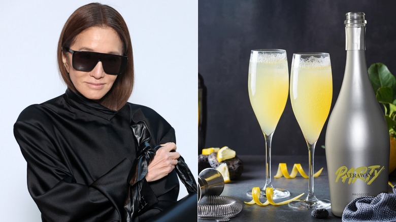 Vera Wang posing in sunglasses at an event, a Party Prosecco wine bottle with two glasses
