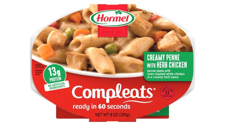 A box of Hormel Compleats food labeled "Creamy Penne with Herb Chicken"