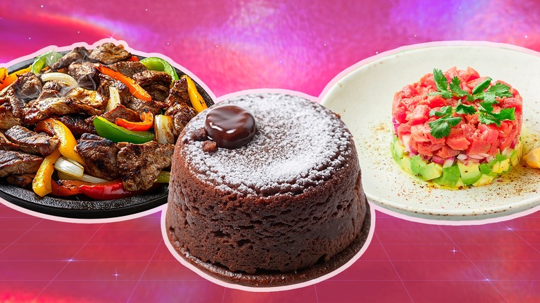 Dishes with fajitas, chocolate lava cake, and tuna tartare