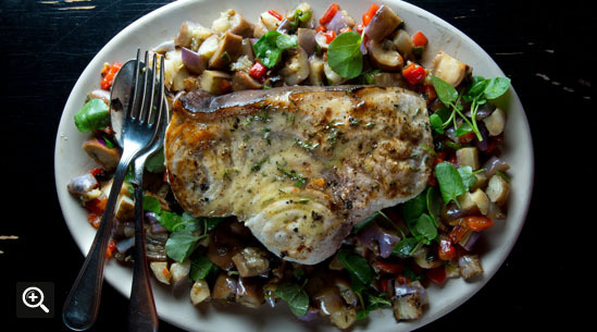 Bobby Flay's Grilled Swordfish Eggplant and Pepper Salad Recipe