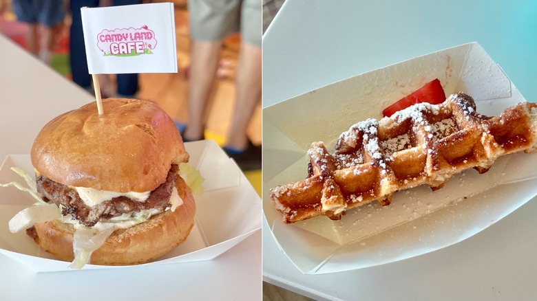 Split image of hamburger and waffle from the Candy Land Cafe