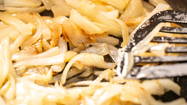 Close up of a pan of onions