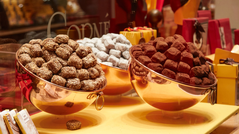 Luxury chocolates on display at an artisan chocolate shop in Belgium