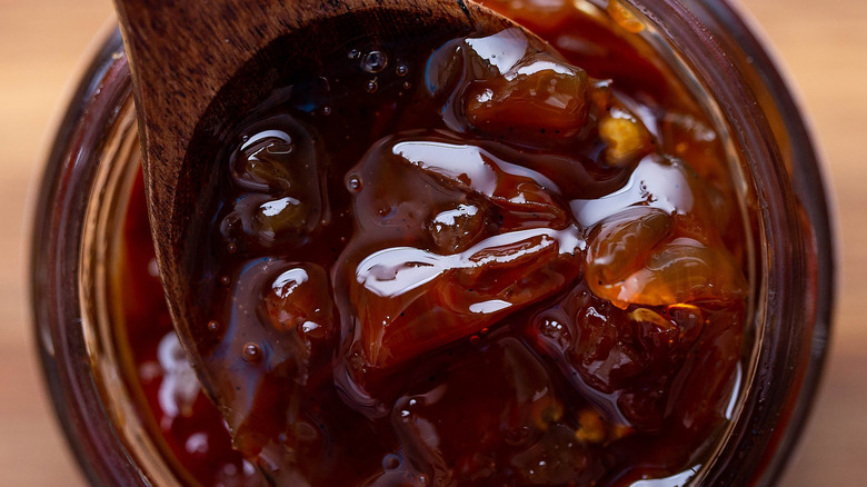 Aerial view of a jar of pepper jelly