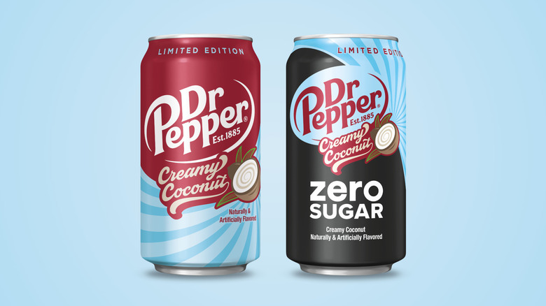cans of Dr. Pepper Creamy Coconut and Creamy Coconut zero sugar on blue background
