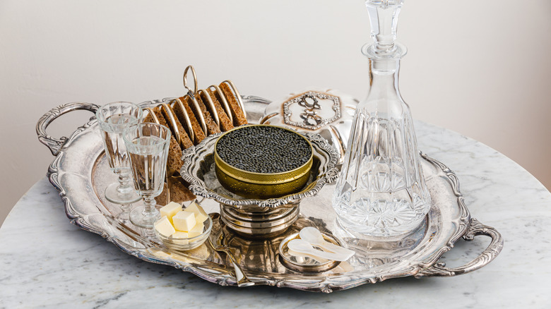 tray of vodka and caviar