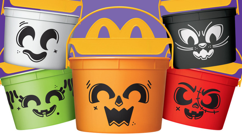 McDonald's Boo Buckets in red, white, orange, yellow, and black Halloween designs