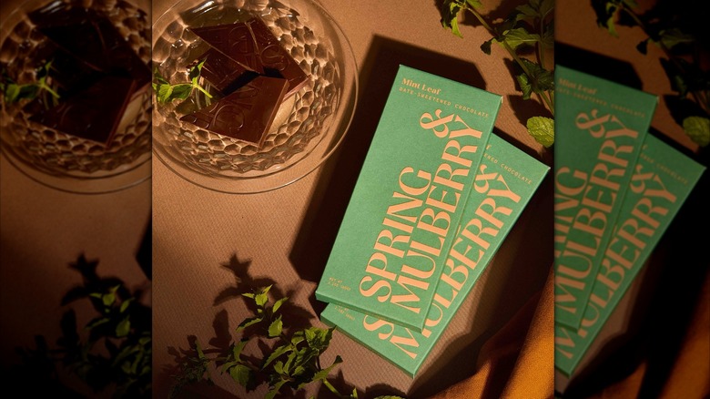 two Spring & Mulberry mint lead date sweetened chocolate bars
