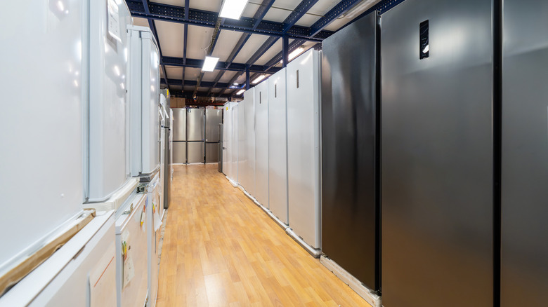 Modern refrigerators in an appliance showroom