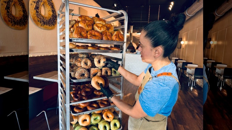 Making bagels in wood-fire oven