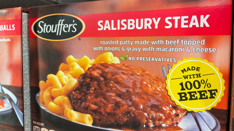 closeup of box of Stouffer's Salisbury steak dinner