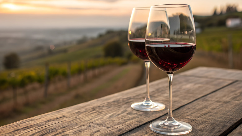 Two glasses of wine on a wooden table with the blurry image of Vineyards in the background