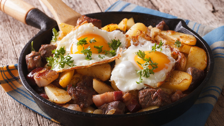 A pan of potatoes and eggs