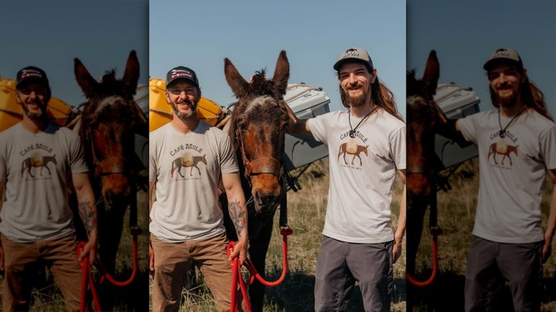Matt Bishop with his mule and an employee at a trail service with Café Mulé t-shirts