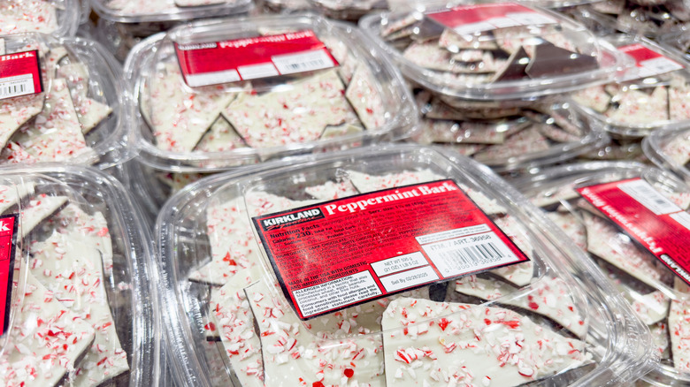 Packages of Kirkland Signature Peppermint Bark on display at Costco