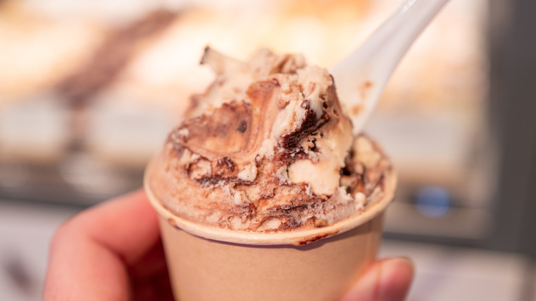 A person holding a small cup of chocolatey swirled ice cream with a spoon in it