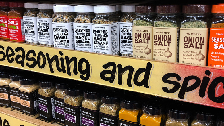 A shelf of spices in a Trader Joe's store