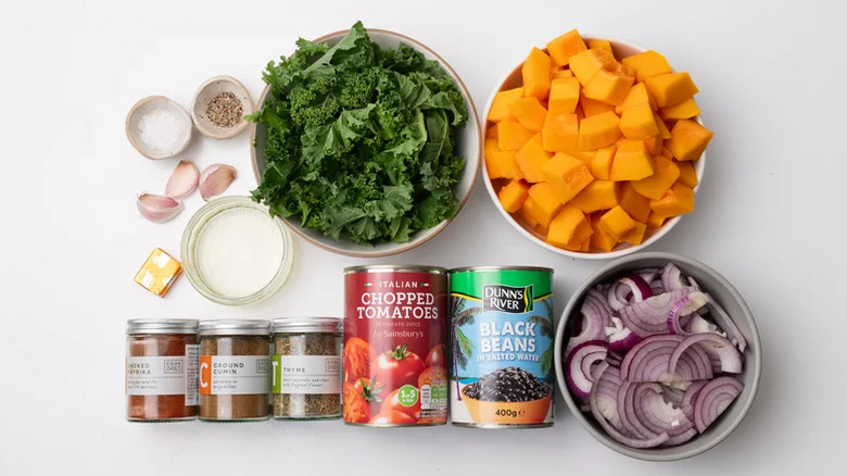 All the ingredients for the pumpkin and black bean casserole