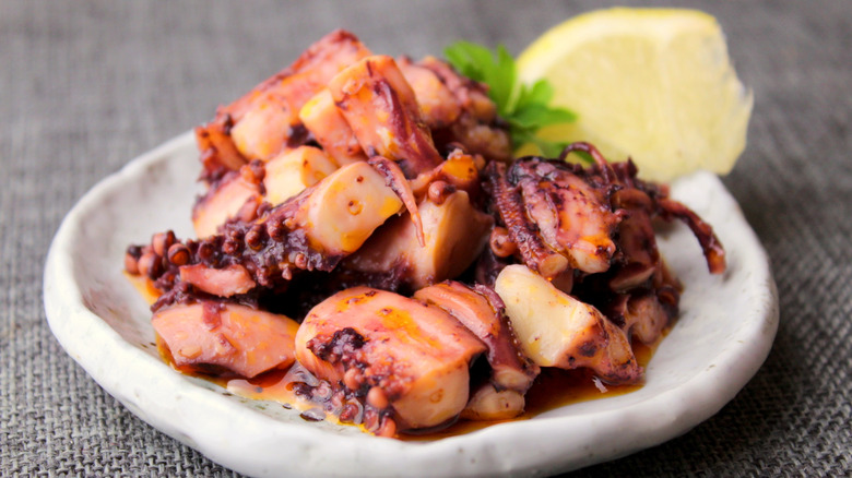 cooked octopus chunks on plate
