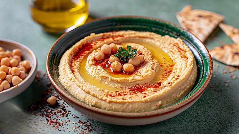 Hummus garnished with olive oil