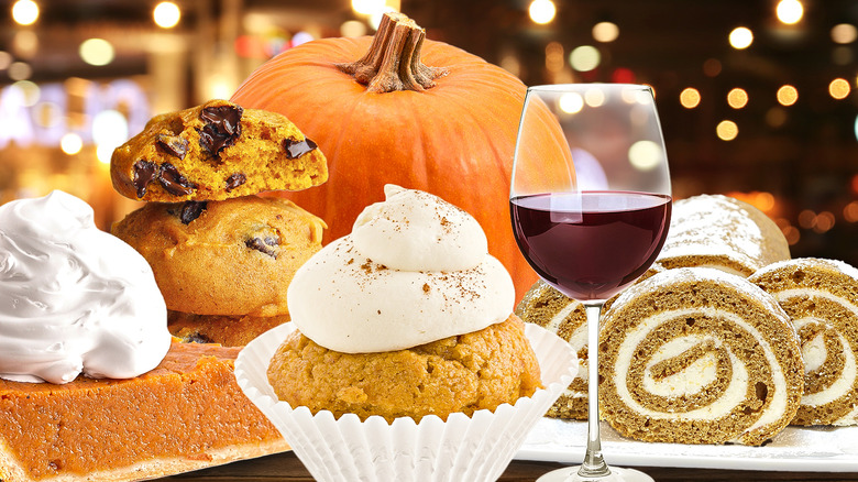 Various pumpkin desserts and a glass of red wine