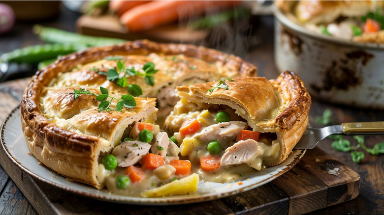 homemade chicken pot pie on white plate
