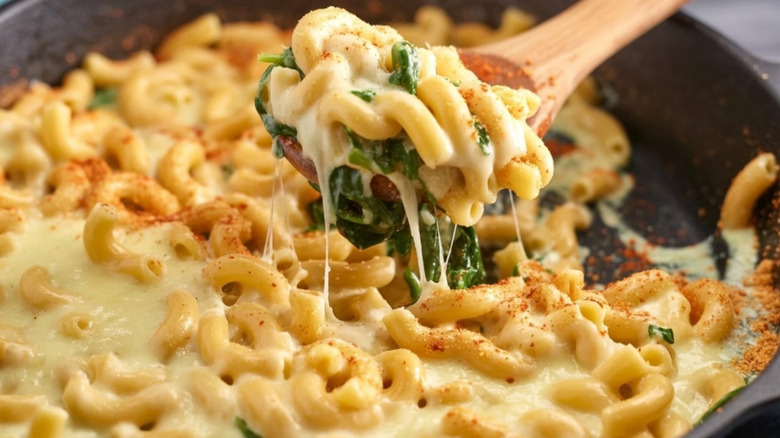 A spoon pulls a scoop out of a pot of creamy mac and cheese