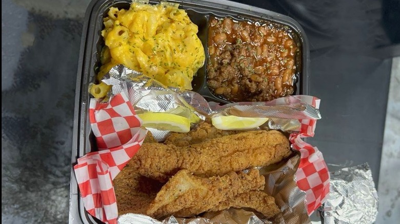 Boss Daddy's catfish with mac-and-cheese and beans