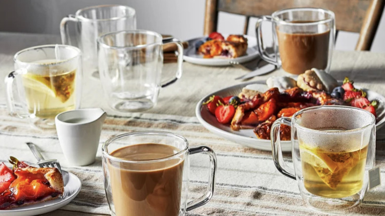 Double-wall glass mugs from Costco on a kitchen table