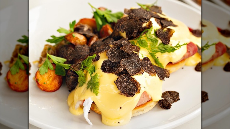 Eggs Benedict with shaved truffles and potatoes