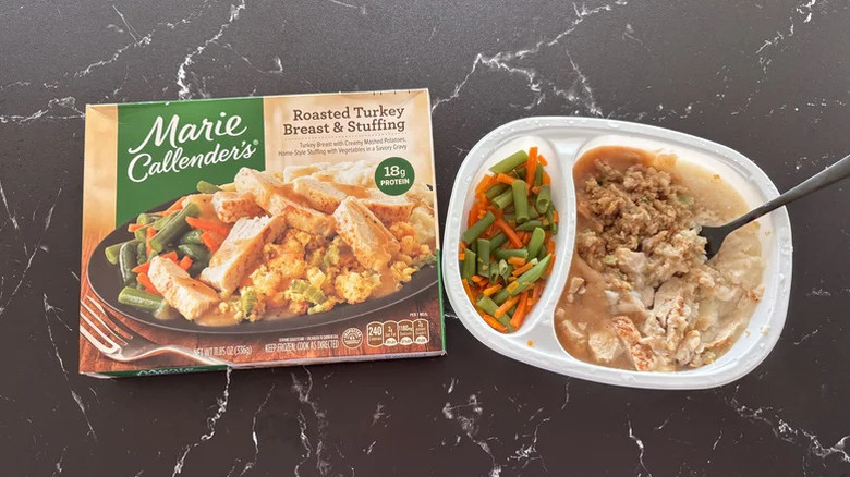 Marie Callender's roasted turkey breast and stuffing box and frozen dinner