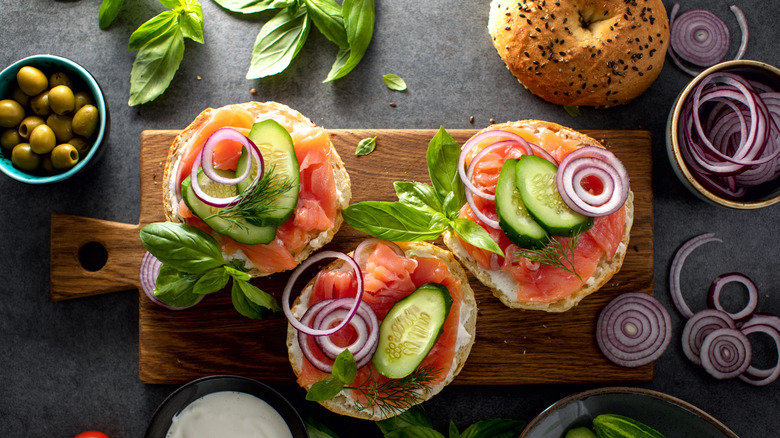 Bagels with smoked salmon on a plate