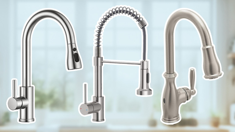 three silver faucets for a kitchen