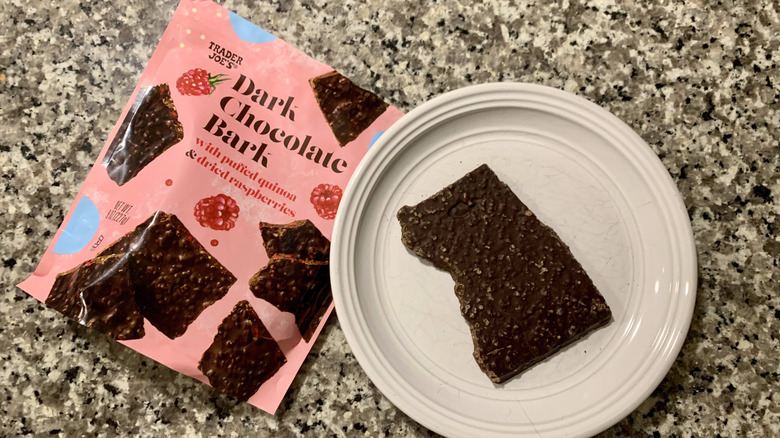 Bag of Trader Joe's dark chocolate bark and plate of chocolate