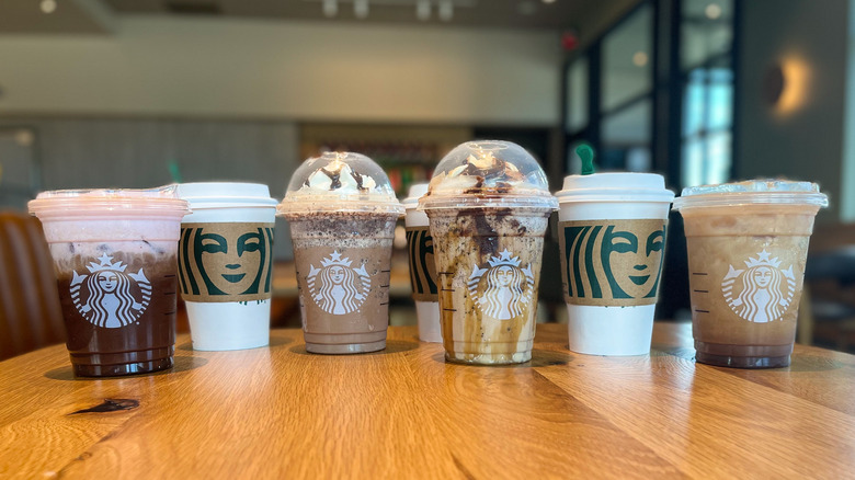 A group of Starbucks drinks