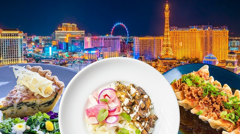 various vegan dishes displayed over Vegas skyline