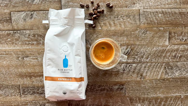 Blue Bottle Coffee espresso on wooden surface