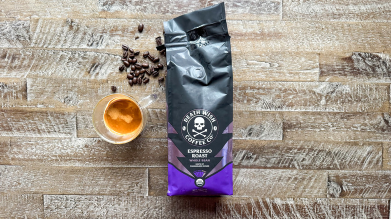 Death Wish Coffee on wooden table