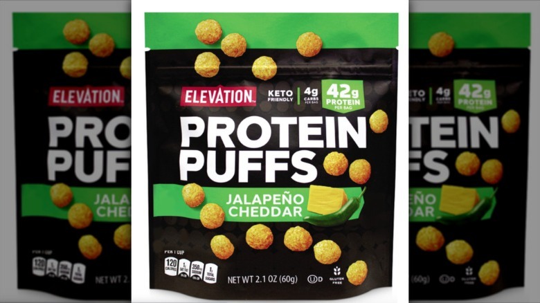 A package of Elevation Protein Puffs Jalapeno Cheddar on white background