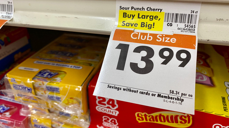 Price tag for sour punch at a grocery store advertising $13.99 for a club size