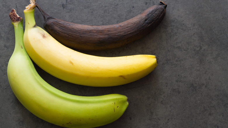 Three bananas in different stages of ripeness from green to yellow to black.