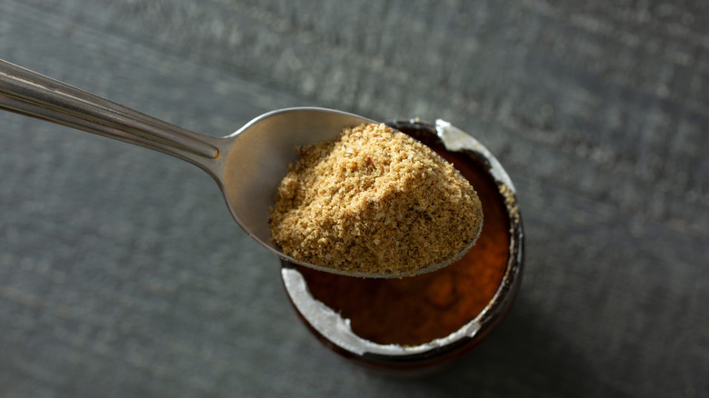 Beef bouillon granules on a spoon.