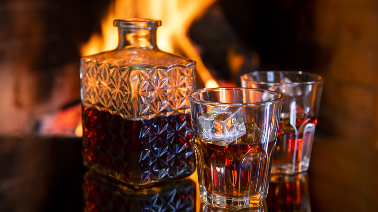Bourbon in glasses and a decanter