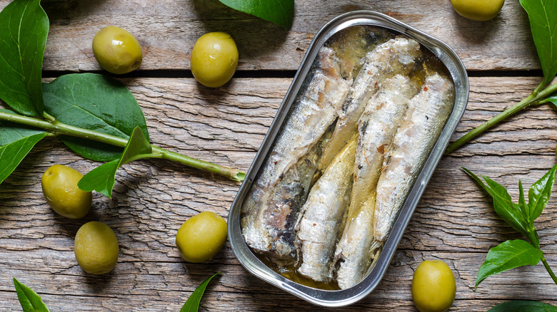 canned sardines packed in oil with olive leaves on a wood table