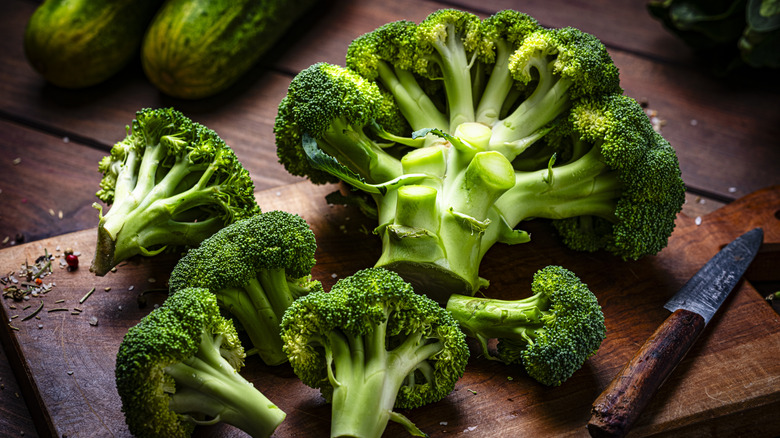 Chopped broccoli on cutting board