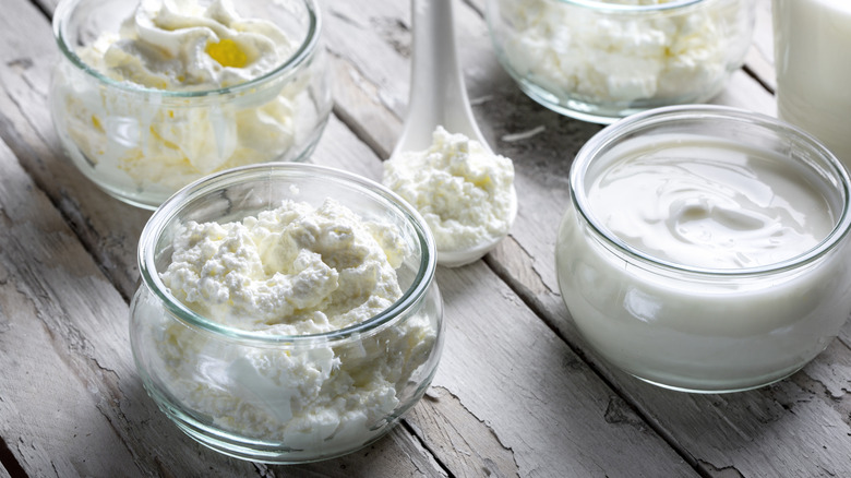 Closeup view of cottage cheese in a bowl next to other creamy dairy products