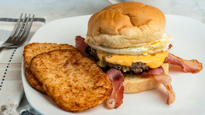 Hash brown patties and a breakfast sandwich
